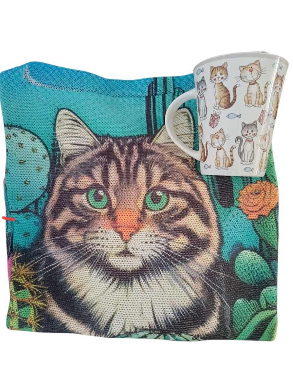 Vintage Turquoise & Green Cat Cactus Sweater with Cute Cats Mug